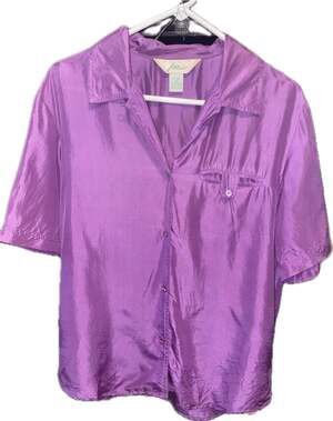 Vintage Fashion Attitudes 100% Silk Short Sleeve Button Up Blouse Purple Size 12
